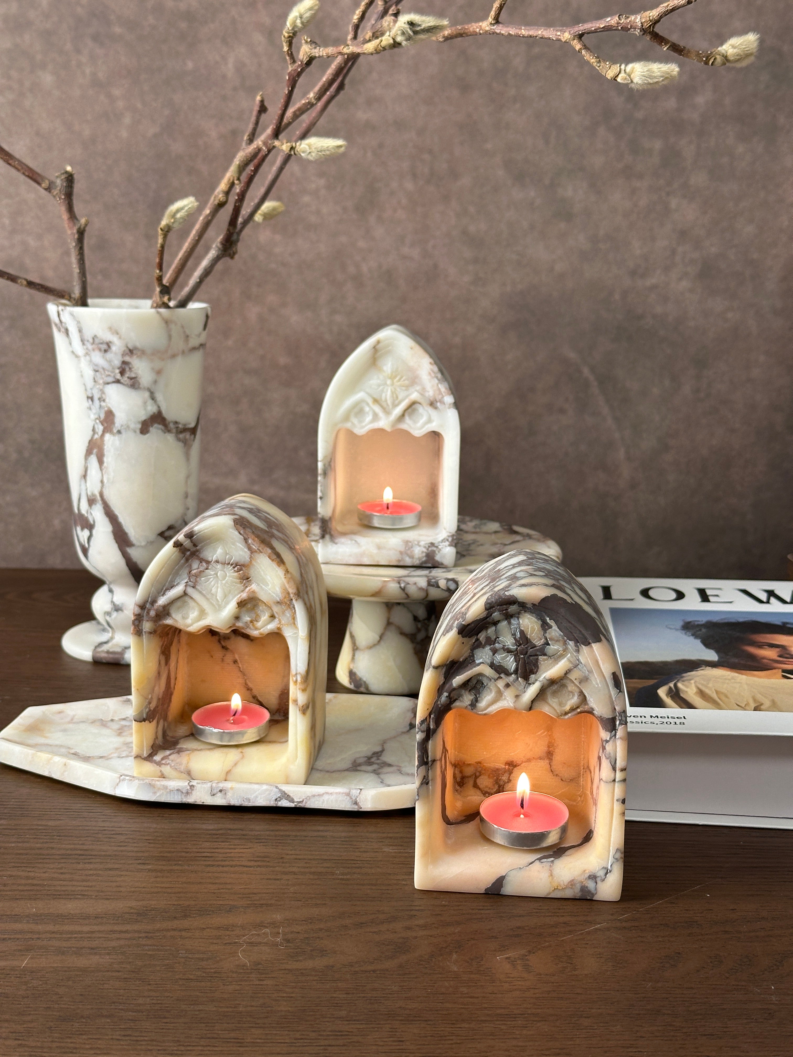 Calacatta Viola Church Candleholder Decorations